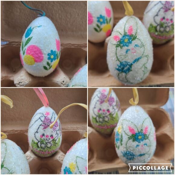 Vintage Large Sugared Glitter Foam Mod Eggs Floral Easter Decoupage Handmade - Picture 7 of 9